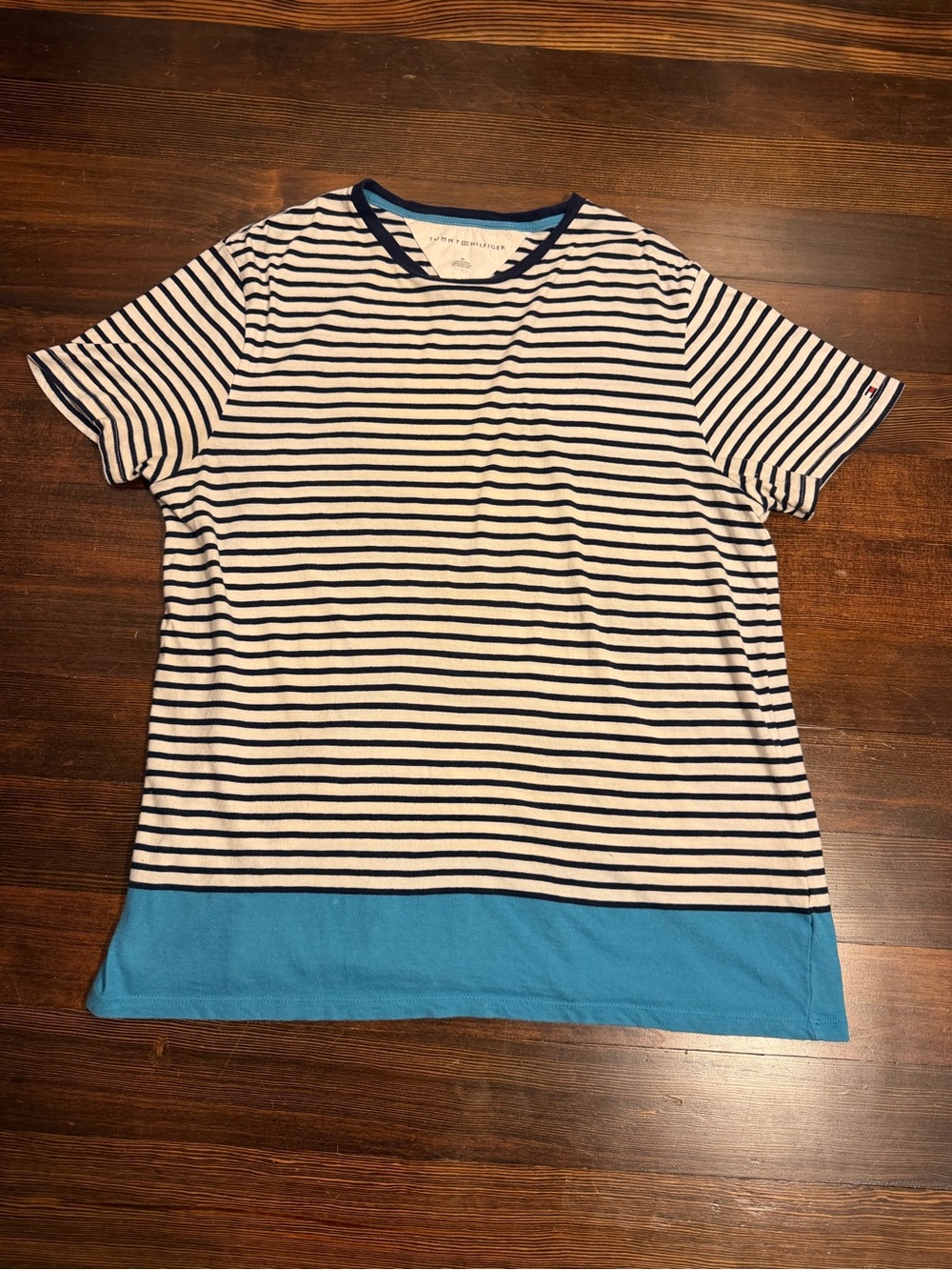 Tommy Hilfiger Navy Cream Striped Colorblock T Shirt Blue Hem M